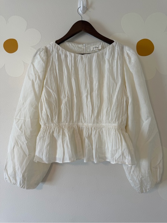 bohme Tops - Bohme White Linen Blend Gathered Waist Long Balloon Sleeve Blouse Viscose